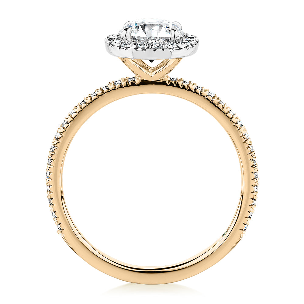 Premium Certified Lab-Grown Diamond, 1.40 carat TW round brilliant halo engagement ring in 14 carat yellow and white gold