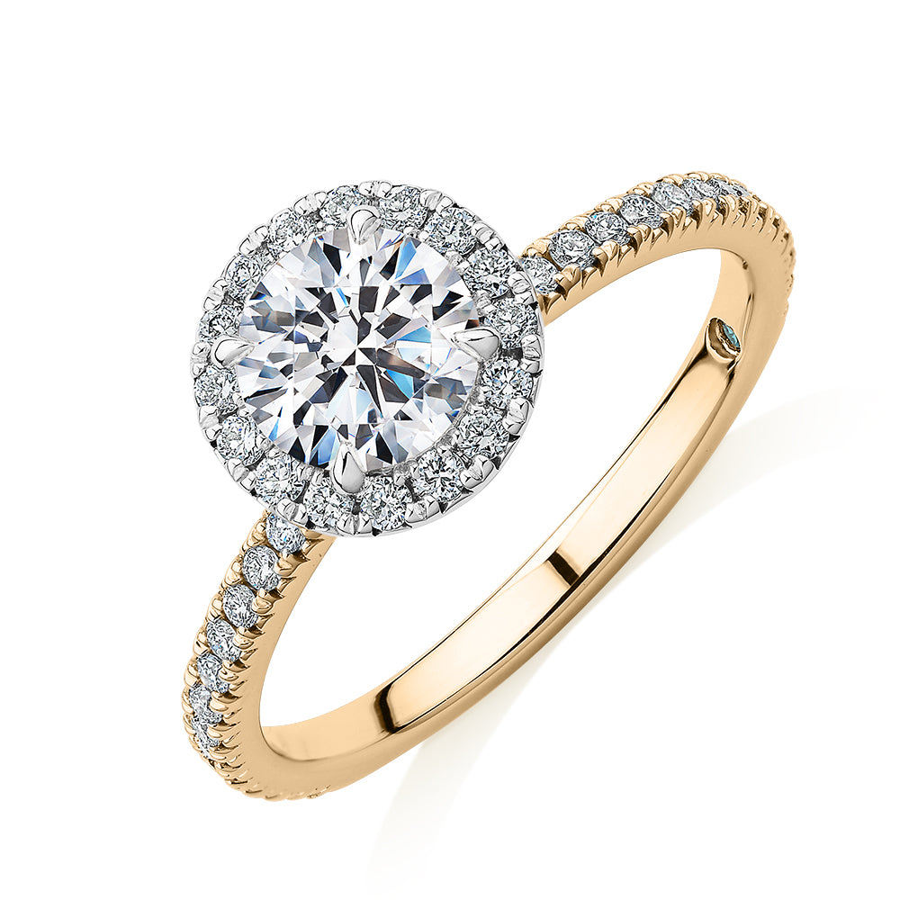 Premium Certified Lab-Grown Diamond, 1.40 carat TW round brilliant halo engagement ring in 14 carat yellow and white gold