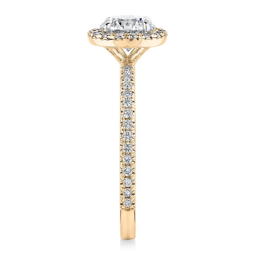 Signature Simulant Diamond 1.40 carat* TW round brilliant halo engagement ring in 14 carat yellow and white gold