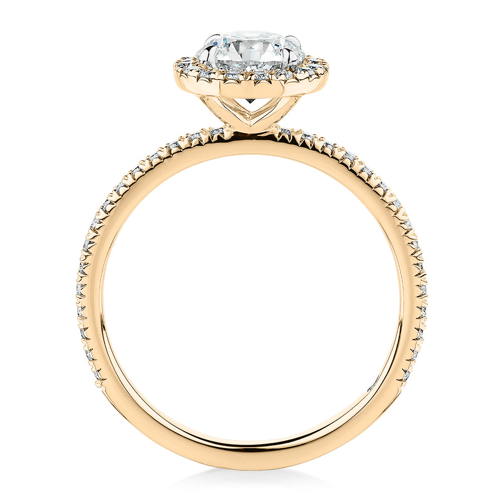 Signature Simulant Diamond 1.40 carat* TW round brilliant halo engagement ring in 14 carat yellow and white gold