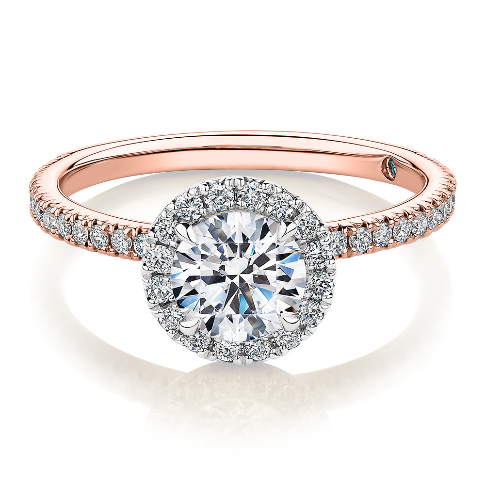 Premium Certified Lab-Grown Diamond, 1.40 carat TW round brilliant halo engagement ring in 14 carat rose and white gold
