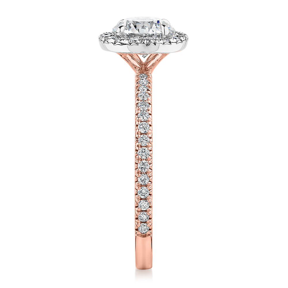 Premium Certified Laboratory Created Diamond, 1.40 carat TW round brilliant halo engagement ring in 18 carat rose and white gold