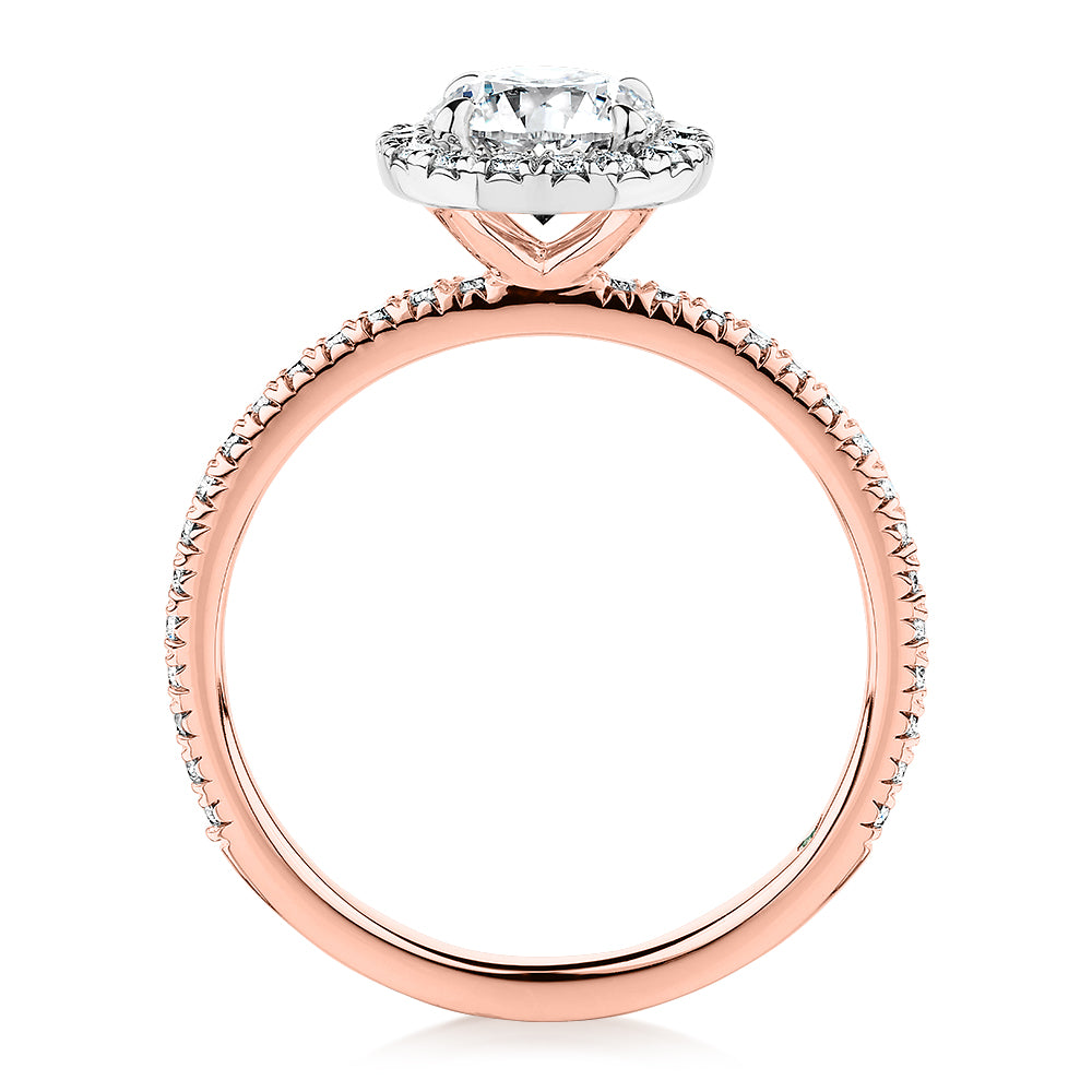 Premium Certified Lab-Grown Diamond, 1.40 carat TW round brilliant halo engagement ring in 14 carat rose and white gold