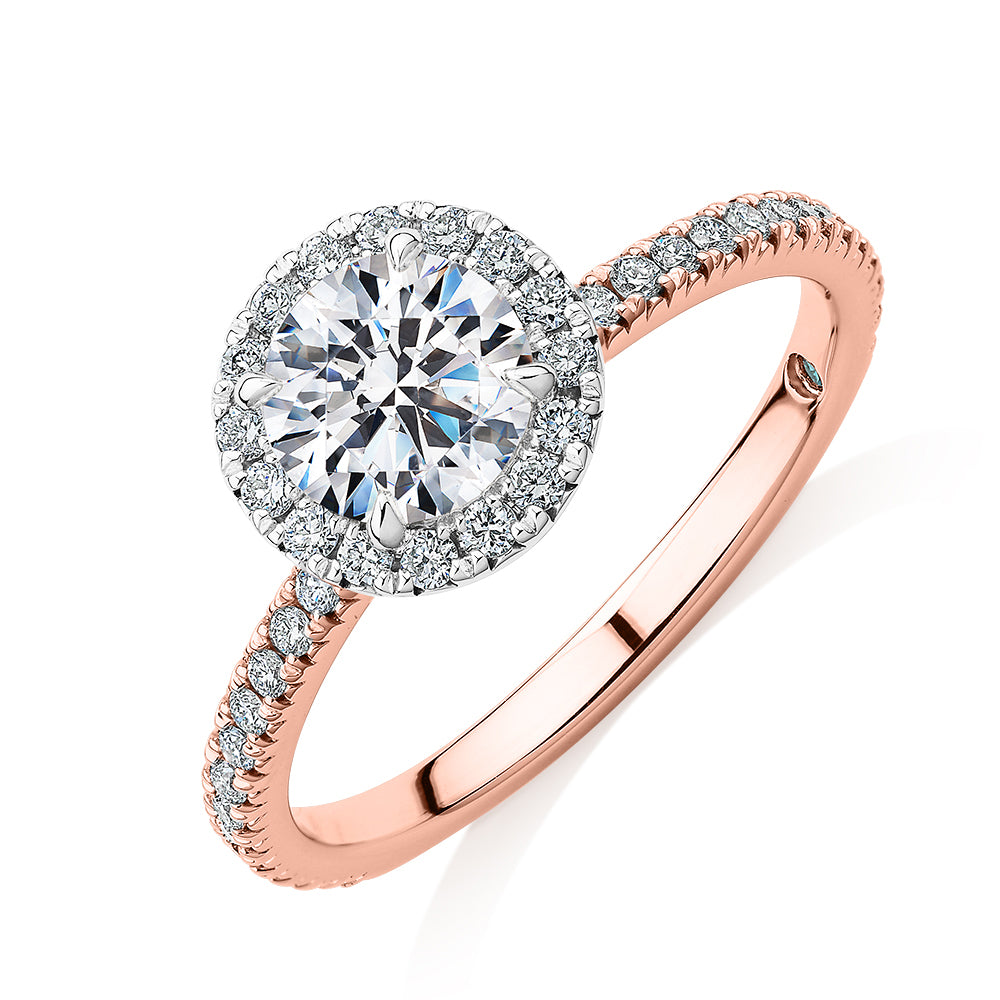 Premium Certified Lab-Grown Diamond, 1.40 carat TW round brilliant halo engagement ring in 14 carat rose and white gold