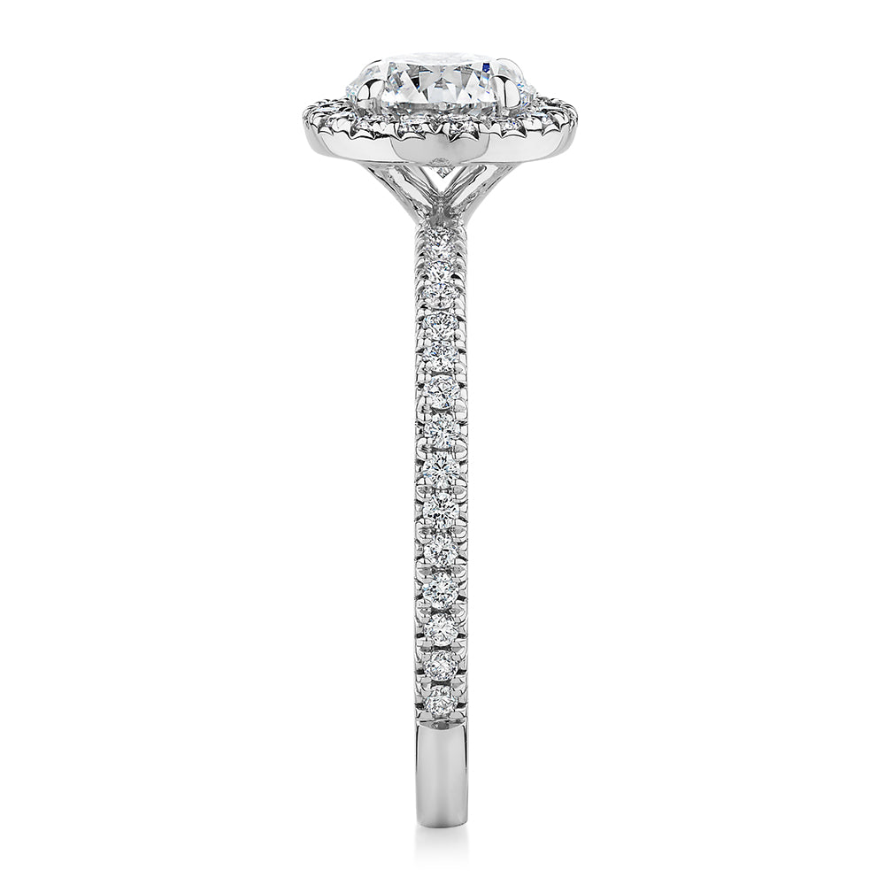 Premium Certified Laboratory Created Diamond, 1.40 carat TW round brilliant halo engagement ring in 14 carat white gold
