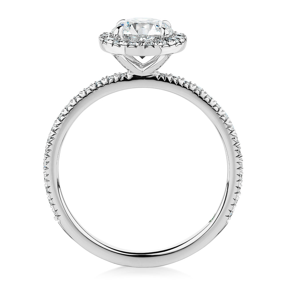 Premium Certified Laboratory Created Diamond, 1.40 carat TW round brilliant halo engagement ring in 14 carat white gold