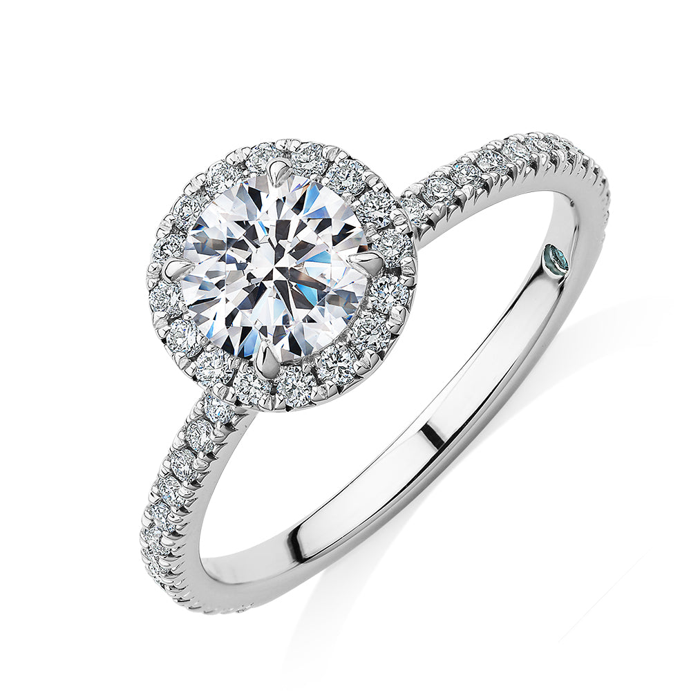 Premium Certified Laboratory Created Diamond, 1.40 carat TW round brilliant halo engagement ring in 14 carat white gold