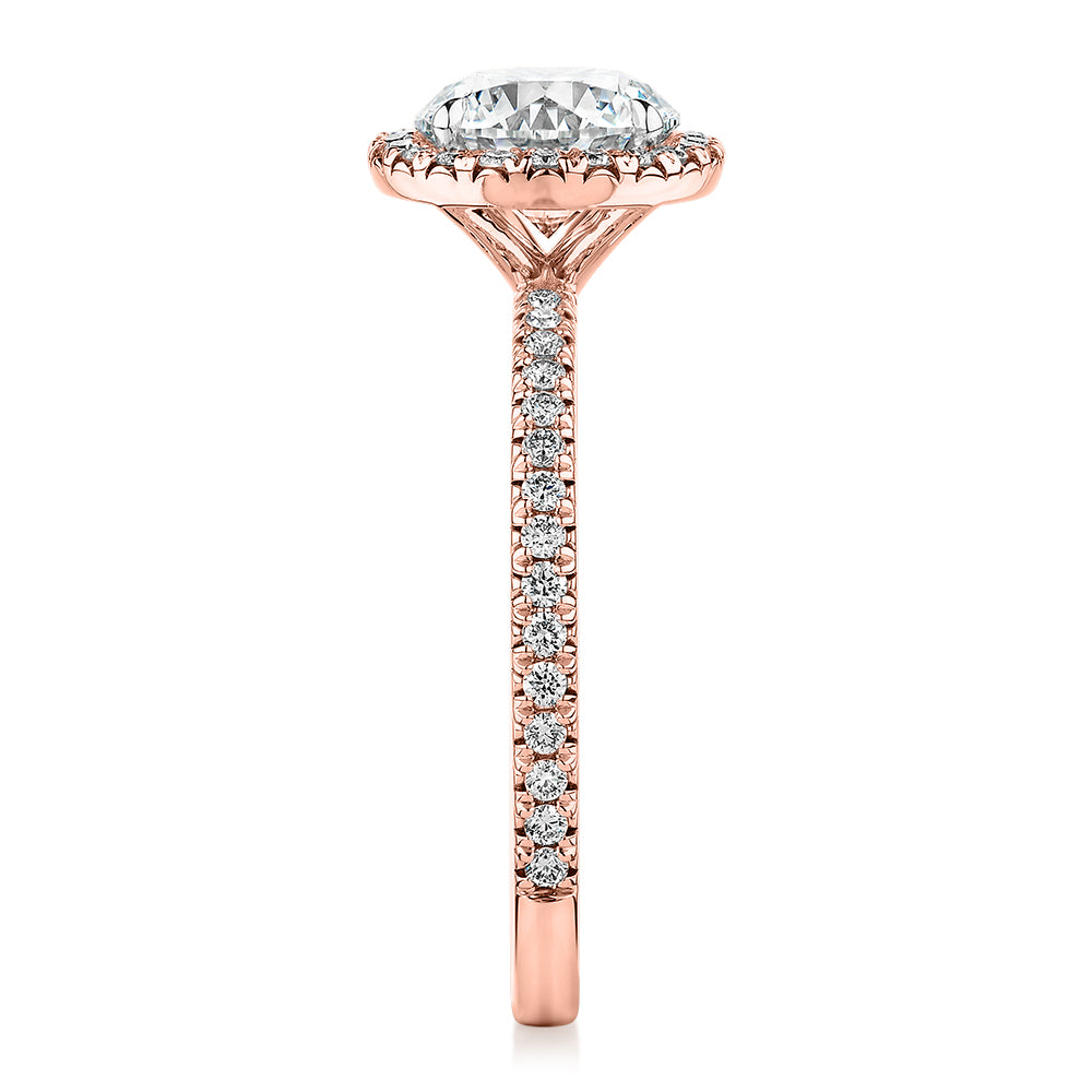 Premium Certified Lab-Grown Diamond, 1.88 carat TW round brilliant halo engagement ring in 14 carat rose gold