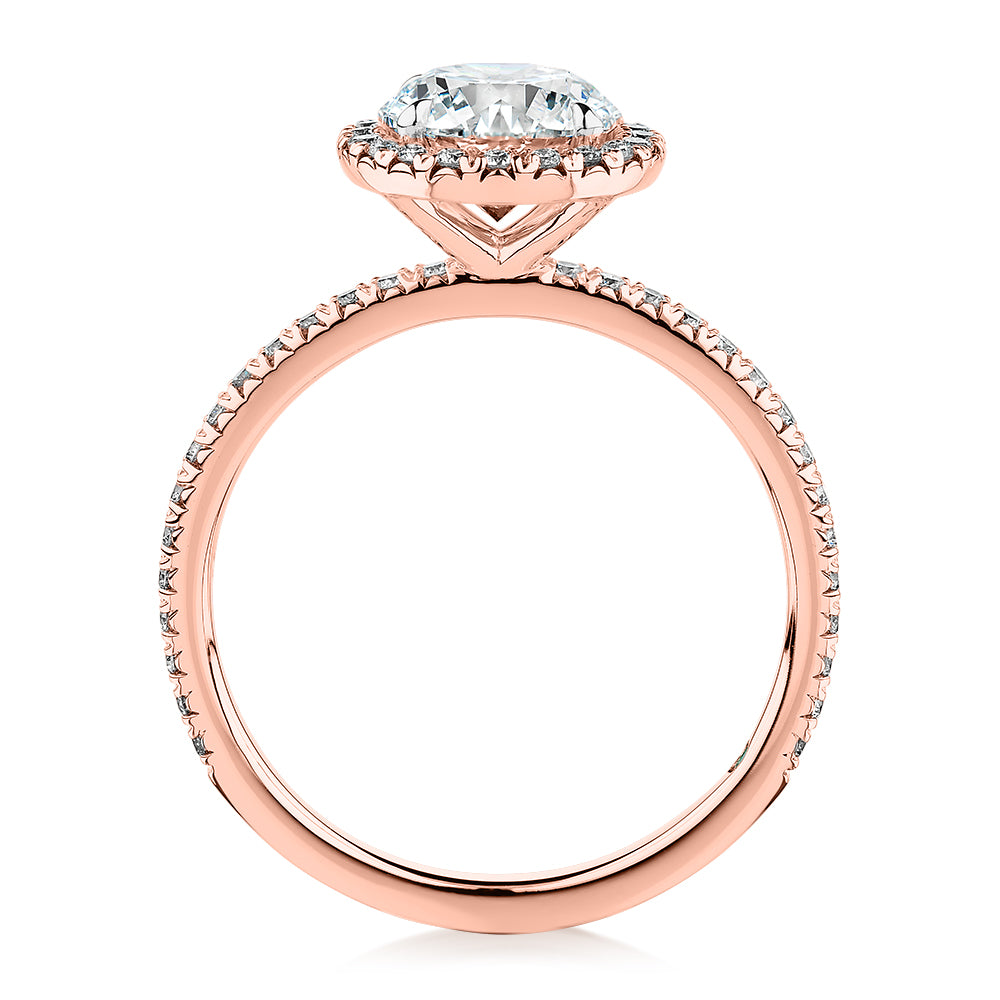 Premium Certified Lab-Grown Diamond, 1.88 carat TW round brilliant halo engagement ring in 14 carat rose gold