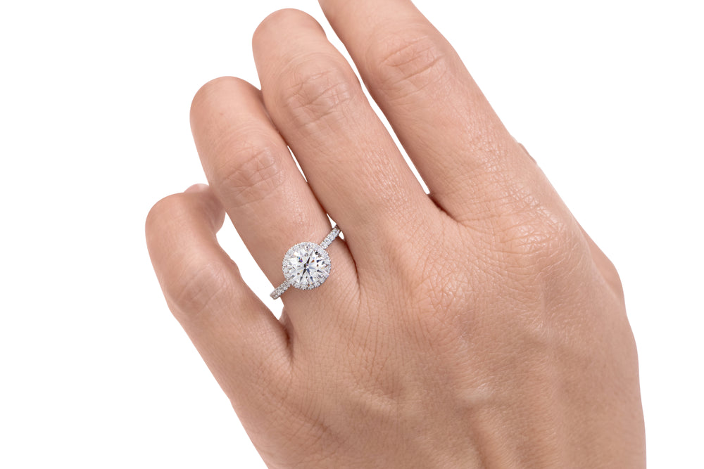 Signature Simulant Diamond 1.88 carat* TW round brilliant halo engagement ring in 14 carat white gold