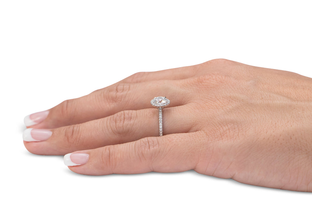 Signature Simulant Diamond 1.88 carat* TW round brilliant halo engagement ring in 14 carat white gold