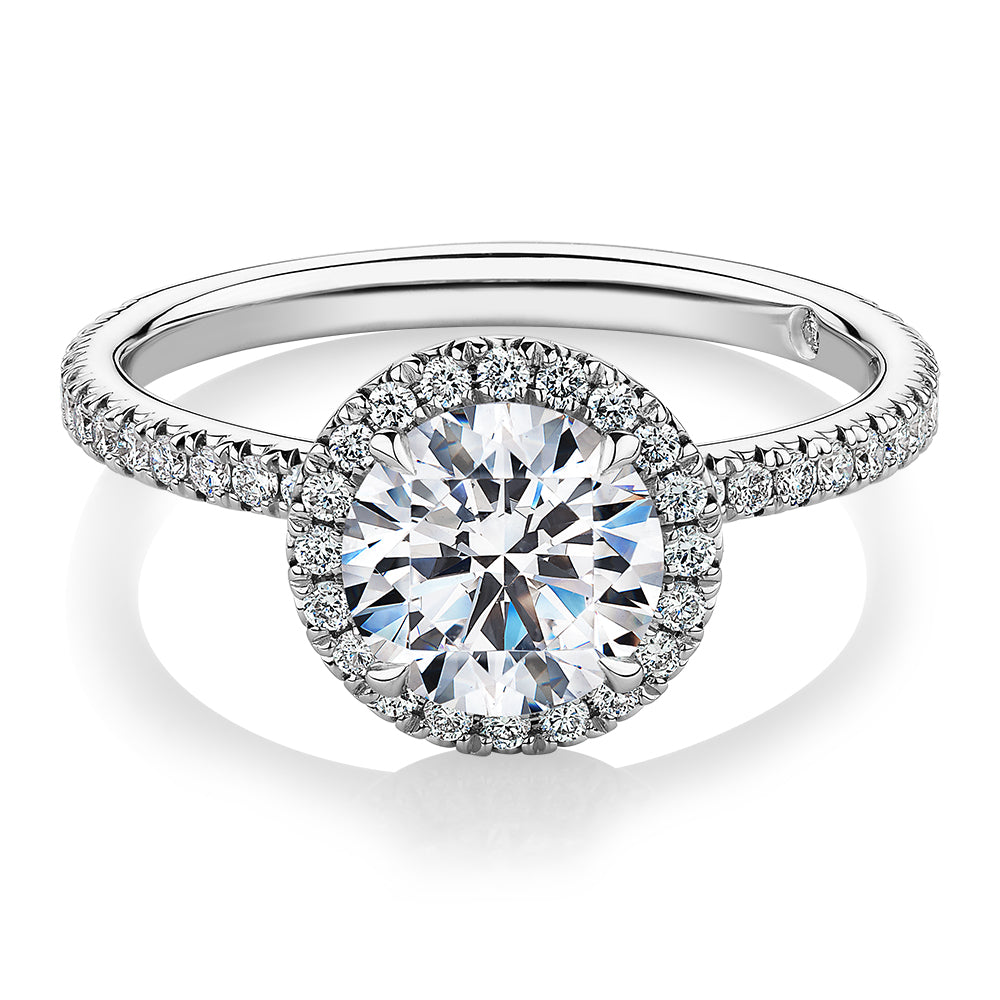 Signature Simulant Diamond 1.88 carat* TW round brilliant halo engagement ring in 14 carat white gold