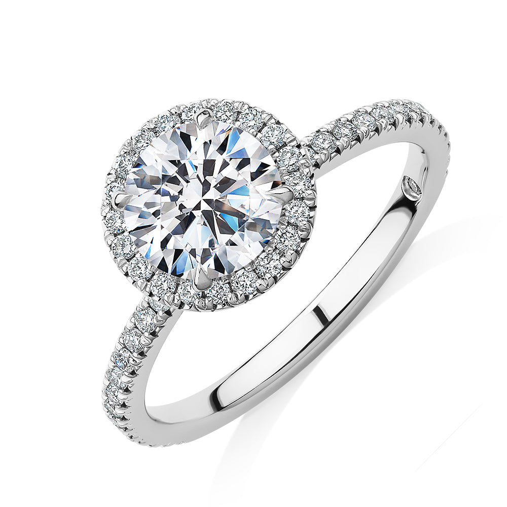Signature Simulant Diamond 1.88 carat* TW round brilliant halo engagement ring in 14 carat white gold