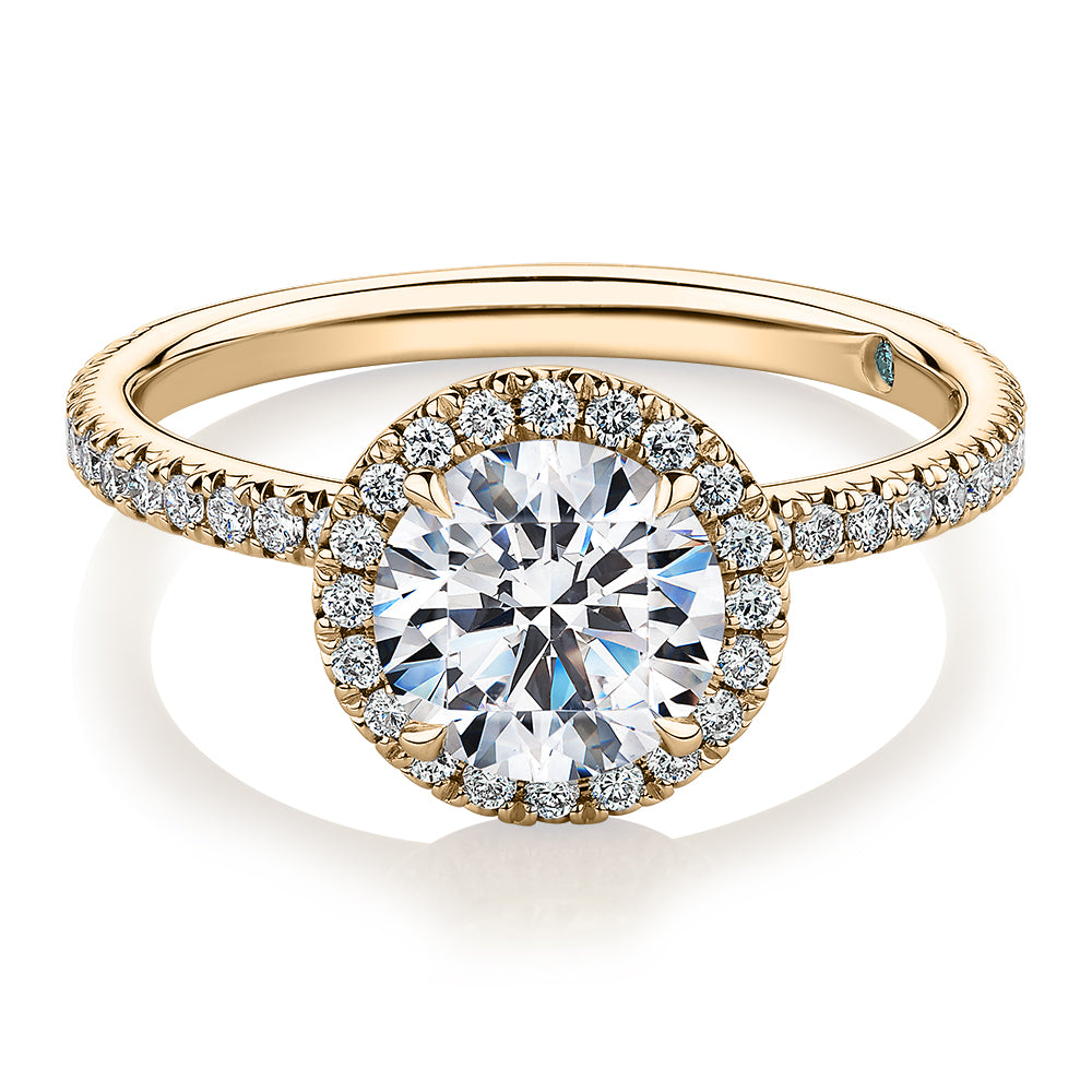 Premium Certified Lab-Grown Diamond, 1.88 carat TW round brilliant halo engagement ring in 14 carat yellow gold