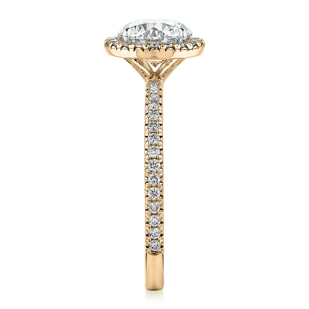Premium Certified Lab-Grown Diamond, 1.88 carat TW round brilliant halo engagement ring in 14 carat yellow gold