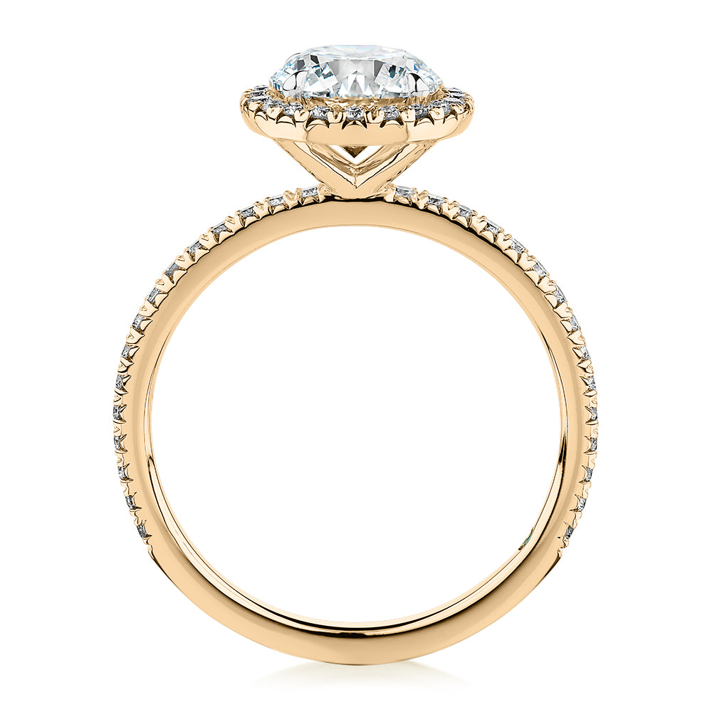 Premium Certified Lab-Grown Diamond, 1.88 carat TW round brilliant halo engagement ring in 14 carat yellow gold
