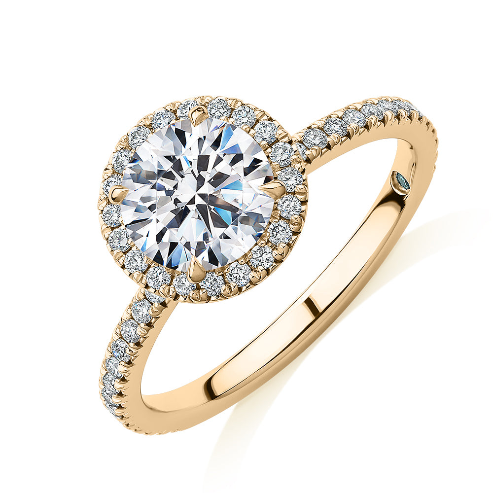 Premium Certified Lab-Grown Diamond, 1.88 carat TW round brilliant halo engagement ring in 14 carat yellow gold