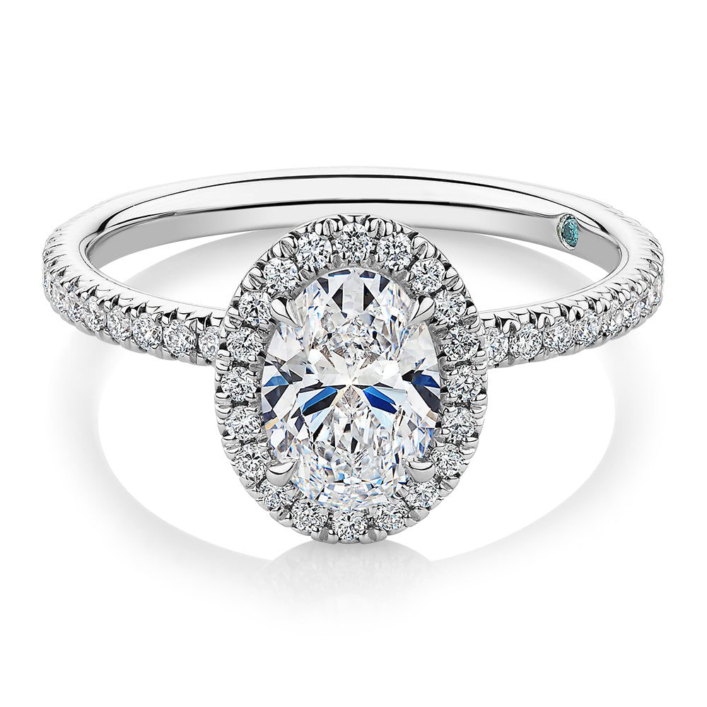Premium Certified Laboratory Created Diamond, 1.37 carat TW oval and round brilliant halo engagement ring in platinum