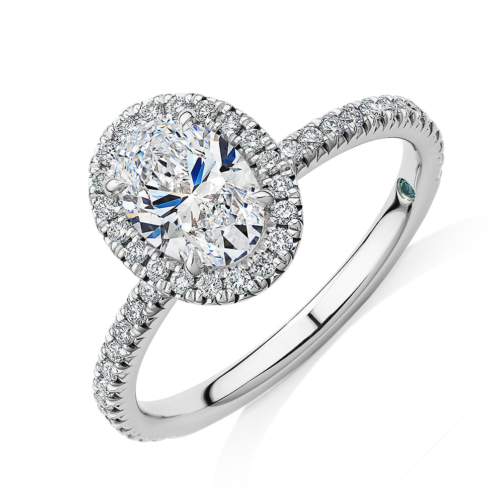 Premium Certified Laboratory Created Diamond, 1.37 carat TW oval and round brilliant halo engagement ring in platinum