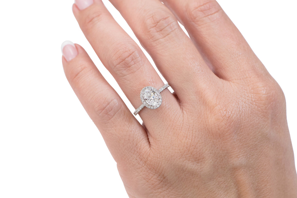 Premium Certified Lab-Grown Diamond, 1.37 carat TW oval and round brilliant halo engagement ring in 14 carat white gold