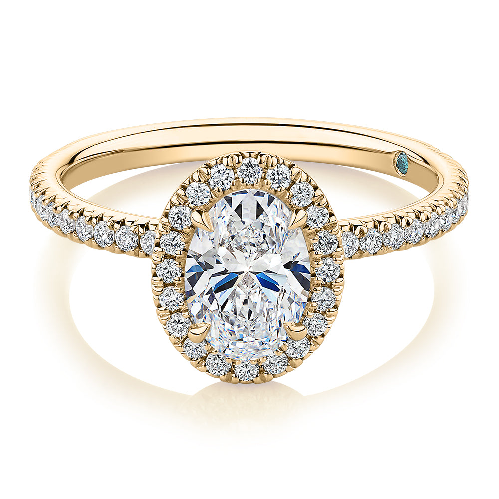 Premium Certified Lab-Grown Diamond, 1.37 carat TW oval and round brilliant halo engagement ring in 14 carat yellow gold
