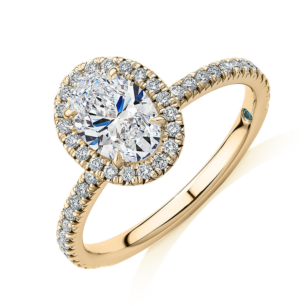 Premium Certified Lab-Grown Diamond, 1.37 carat TW oval and round brilliant halo engagement ring in 14 carat yellow gold