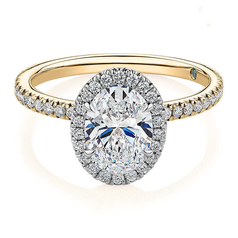 Premium Certified Lab-Grown Diamond, 1.89 carat TW oval and round brilliant halo engagement ring in 14 carat yellow and white gold