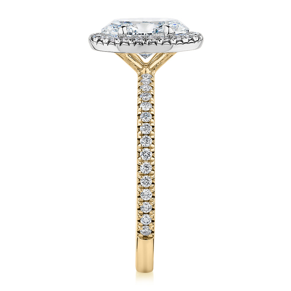 Premium Certified Lab-Grown Diamond, 1.89 carat TW oval and round brilliant halo engagement ring in 14 carat yellow and white gold