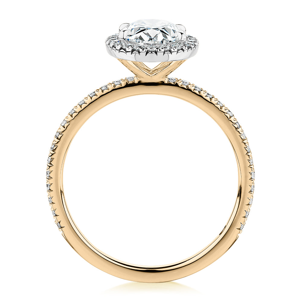 Premium Certified Lab-Grown Diamond, 1.89 carat TW oval and round brilliant halo engagement ring in 14 carat yellow and white gold