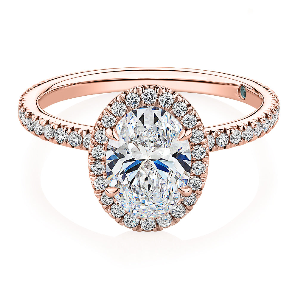Premium Certified Lab-Grown Diamond, 1.89 carat TW oval and round brilliant halo engagement ring in 14 carat rose gold
