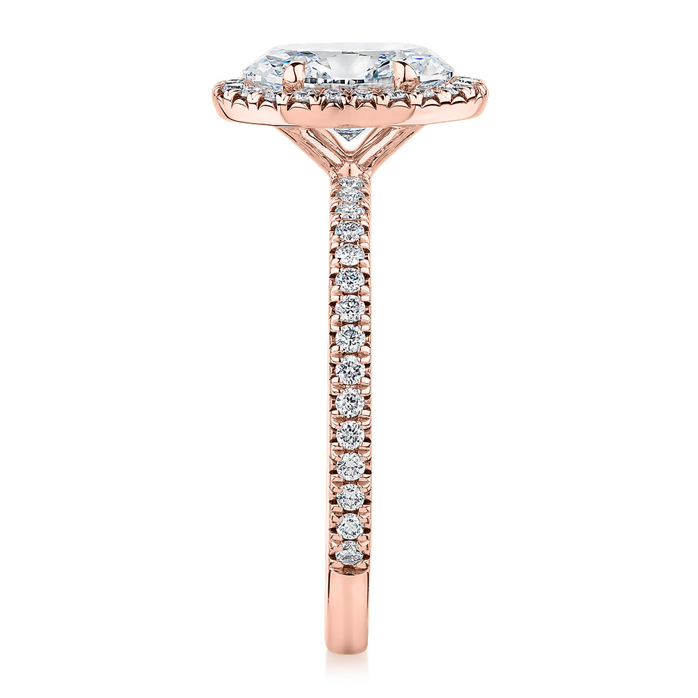 Premium Certified Lab-Grown Diamond, 1.89 carat TW oval and round brilliant halo engagement ring in 14 carat rose gold