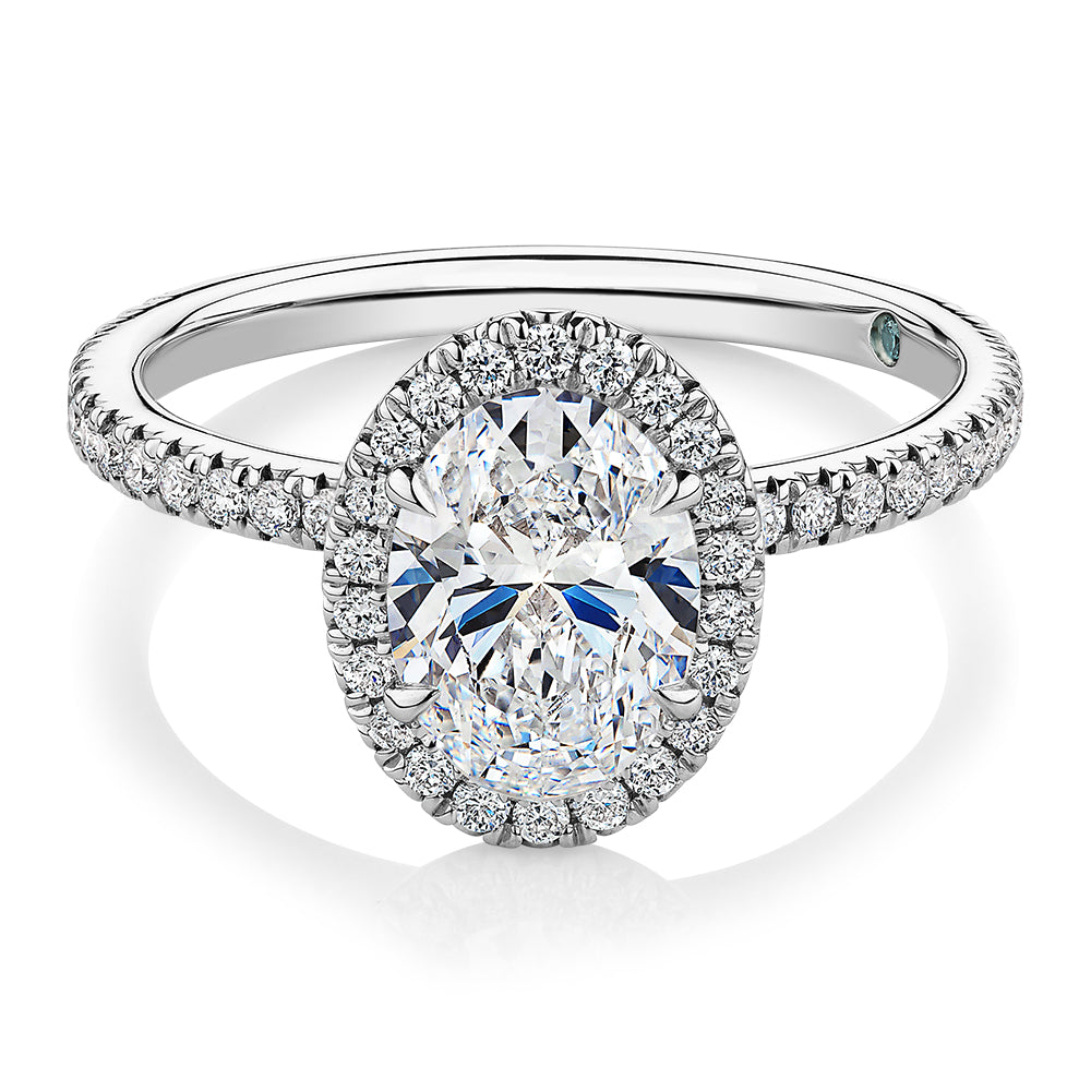 Premium Certified Laboratory Created Diamond, 1.89 carat TW oval and round brilliant halo engagement ring in platinum