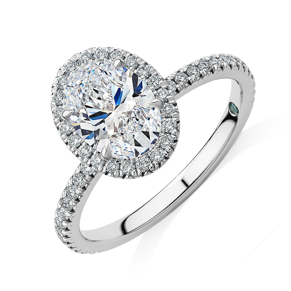 Premium Certified Laboratory Created Diamond, 1.89 carat TW oval and round brilliant halo engagement ring in platinum