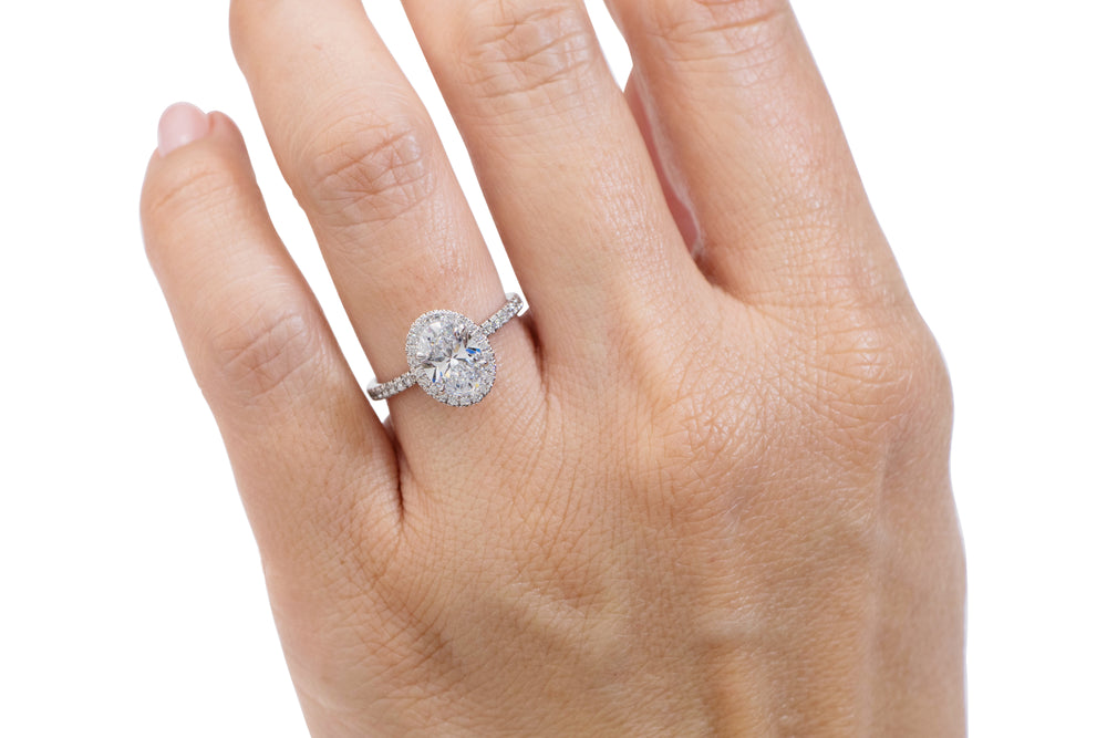 Premium Certified Laboratory Created Diamond, 1.89 carat TW oval and round brilliant halo engagement ring in 14 carat white gold