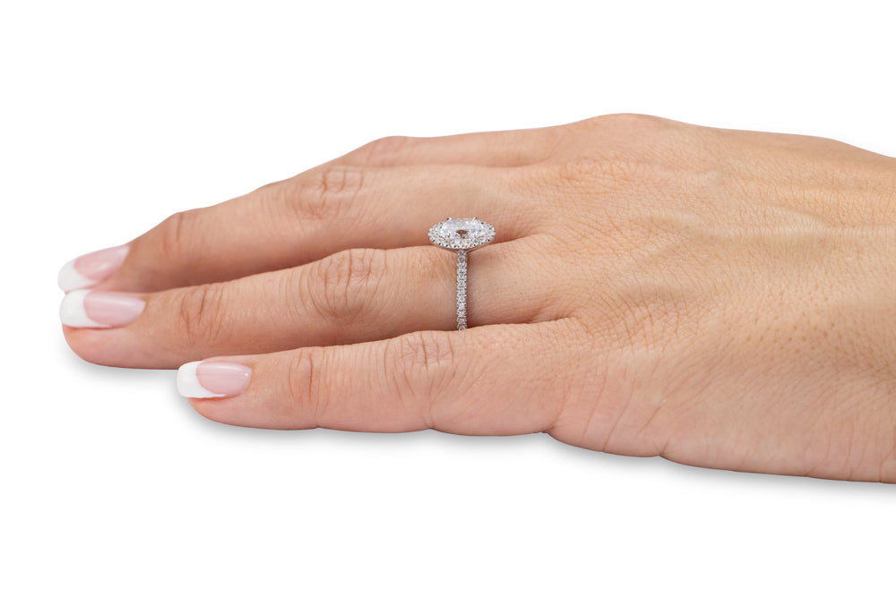 Premium Certified Laboratory Created Diamond, 1.89 carat TW oval and round brilliant halo engagement ring in 14 carat white gold