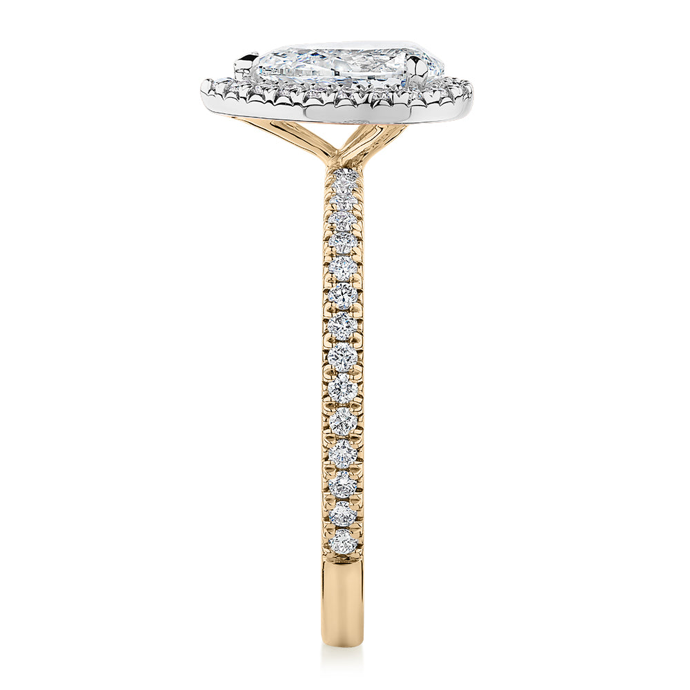 Signature Simulant Diamond 1.37 carat* TW pear and round brilliant halo engagement ring in 14 carat yellow and white gold