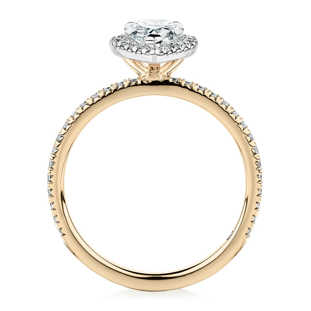 Signature Simulant Diamond 1.37 carat* TW pear and round brilliant halo engagement ring in 14 carat yellow and white gold