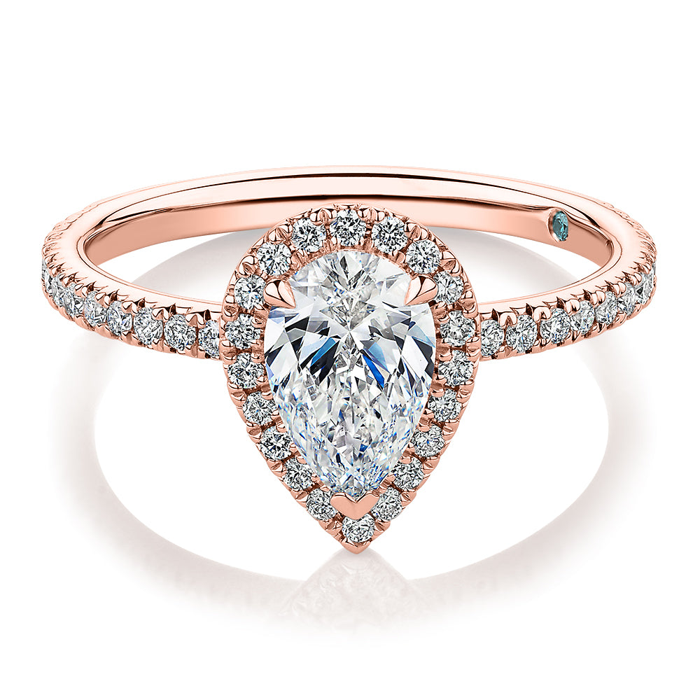 Premium Certified Lab-Grown Diamond, 1.37 carat TW pear and round brilliant halo engagement ring in 14 carat rose gold