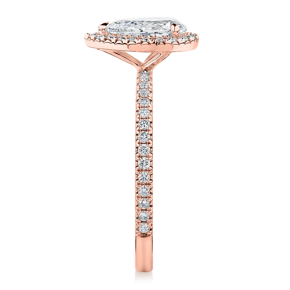 Premium Certified Lab-Grown Diamond, 1.37 carat TW pear and round brilliant halo engagement ring in 14 carat rose gold