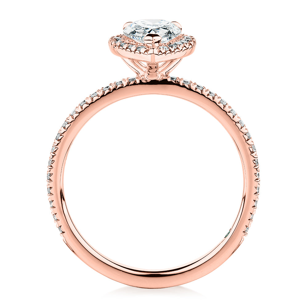 Premium Certified Lab-Grown Diamond, 1.37 carat TW pear and round brilliant halo engagement ring in 14 carat rose gold