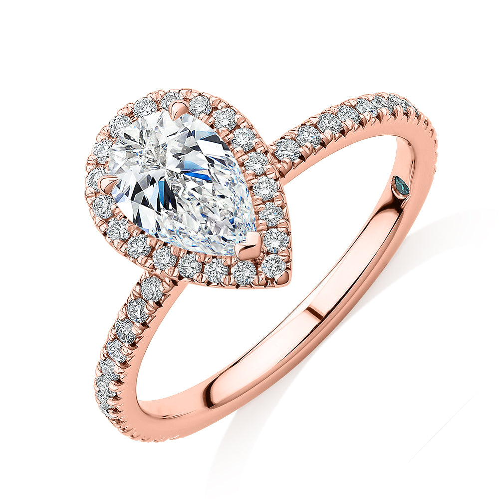 Premium Certified Lab-Grown Diamond, 1.37 carat TW pear and round brilliant halo engagement ring in 14 carat rose gold