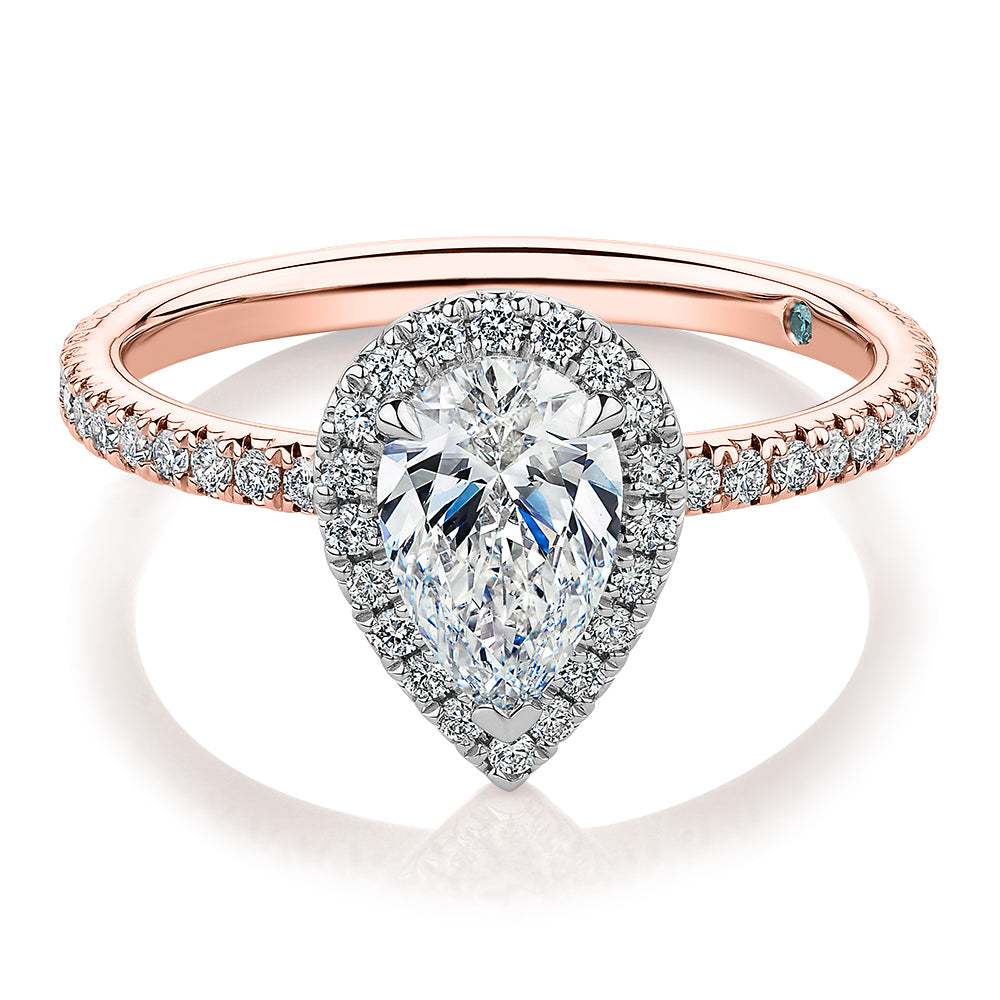 Premium Certified Lab-Grown Diamond, 1.37 carat TW pear and round brilliant halo engagement ring in 14 carat rose and white gold