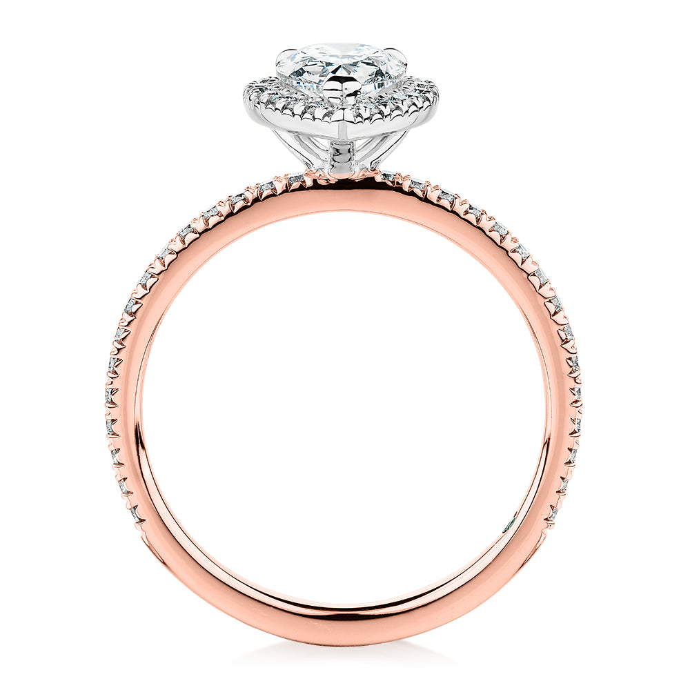 Premium Certified Lab-Grown Diamond, 1.37 carat TW pear and round brilliant halo engagement ring in 14 carat rose and white gold