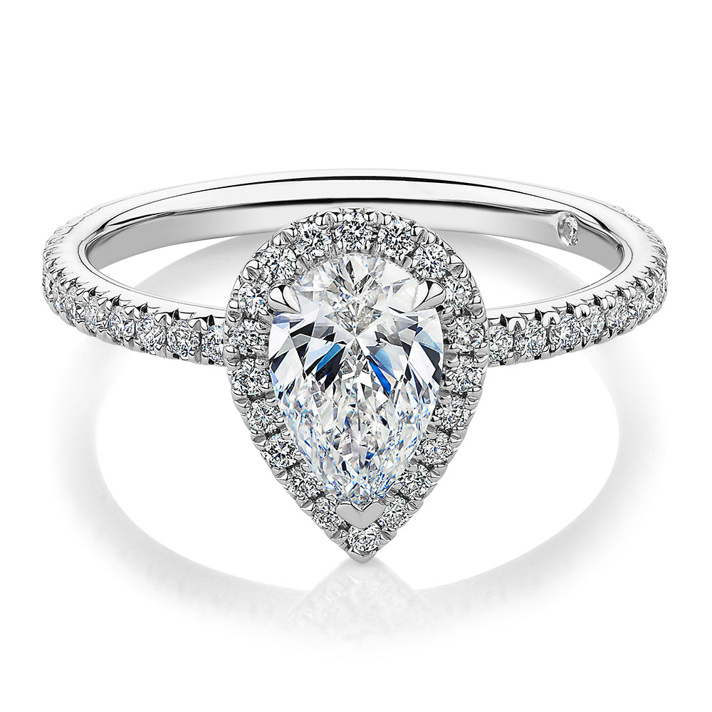 Signature Simulant Diamond 1.37 carat* TW pear and round brilliant halo engagement ring in 14 carat white gold