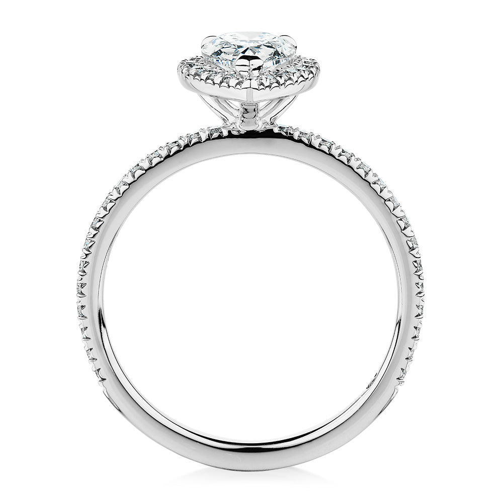 Signature Simulant Diamond 1.37 carat* TW pear and round brilliant halo engagement ring in 14 carat white gold