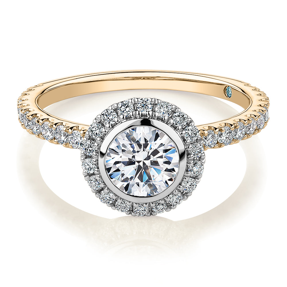 Premium Certified Laboratory Created Diamond, 1.40 carat TW round brilliant halo engagement ring in 14 carat yellow and white gold