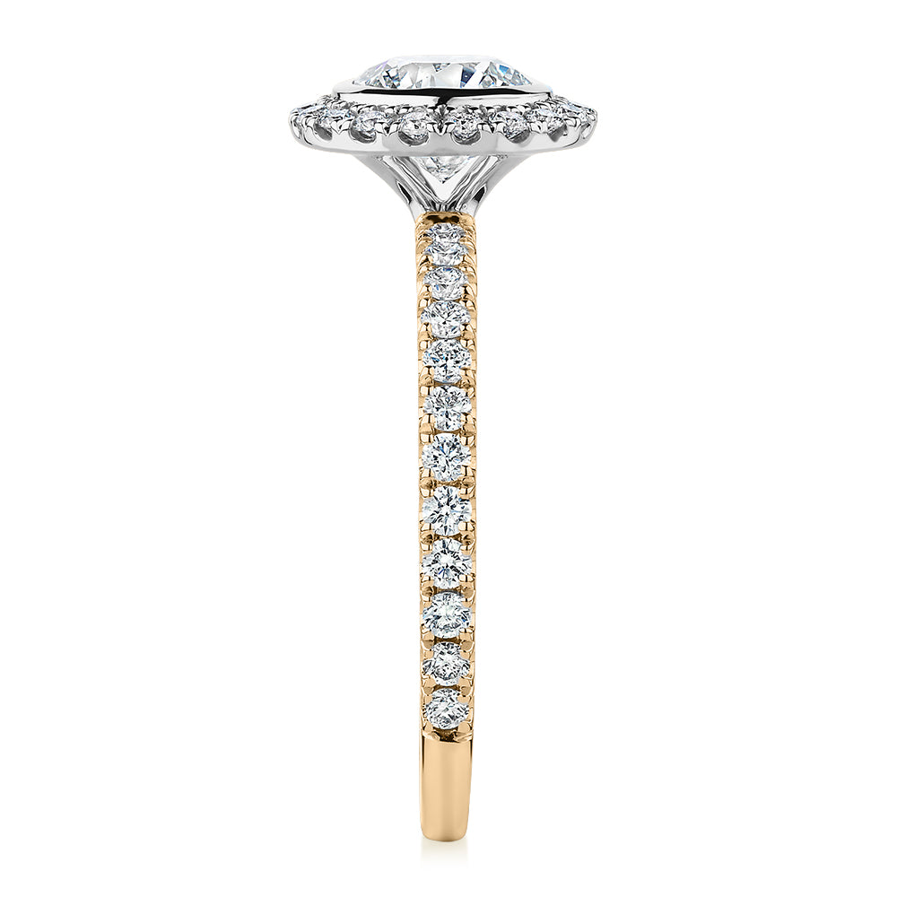 Premium Certified Laboratory Created Diamond, 1.40 carat TW round brilliant halo engagement ring in 14 carat yellow and white gold