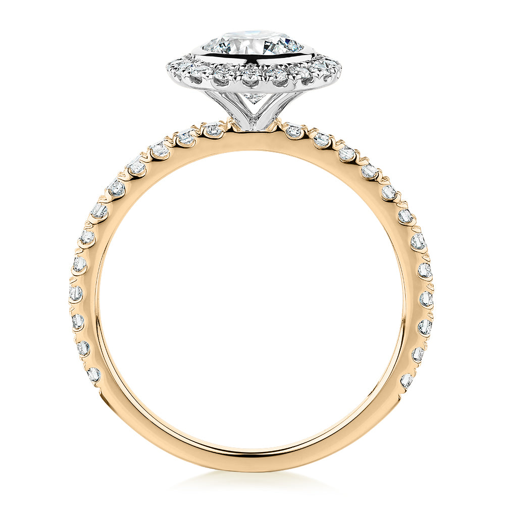 Premium Certified Laboratory Created Diamond, 1.40 carat TW round brilliant halo engagement ring in 14 carat yellow and white gold