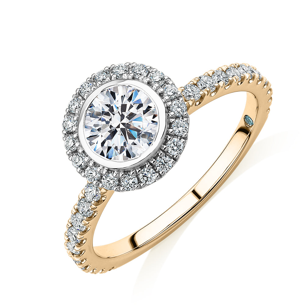 Premium Certified Laboratory Created Diamond, 1.40 carat TW round brilliant halo engagement ring in 14 carat yellow and white gold