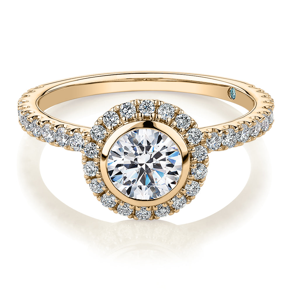 Premium Certified Laboratory Created Diamond, 1.40 carat TW round brilliant halo engagement ring in 18 carat yellow gold